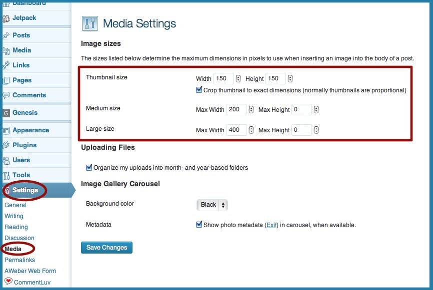 wp media settings change size images