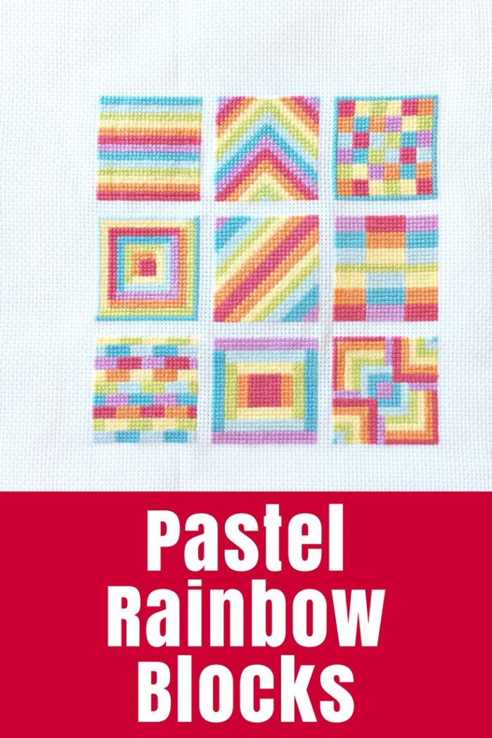 My pastel rainbow blocks are all finished! This cross stitch project is so pretty but I need to your help in deciding how to display it.